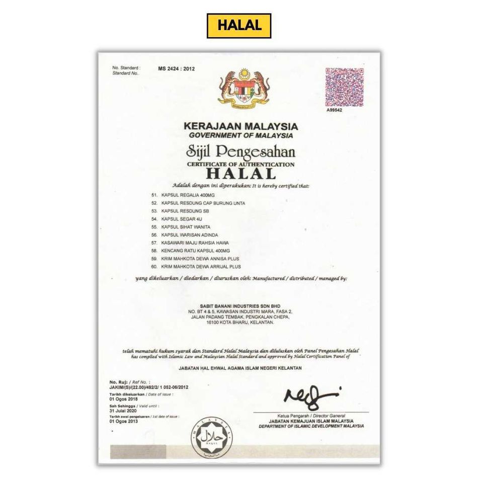 Sijil pengiktirafan Halal Kapsul Resdung SB