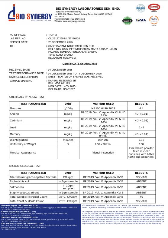 Laporan analisis ujian makmal Kapsul Resdung SB
